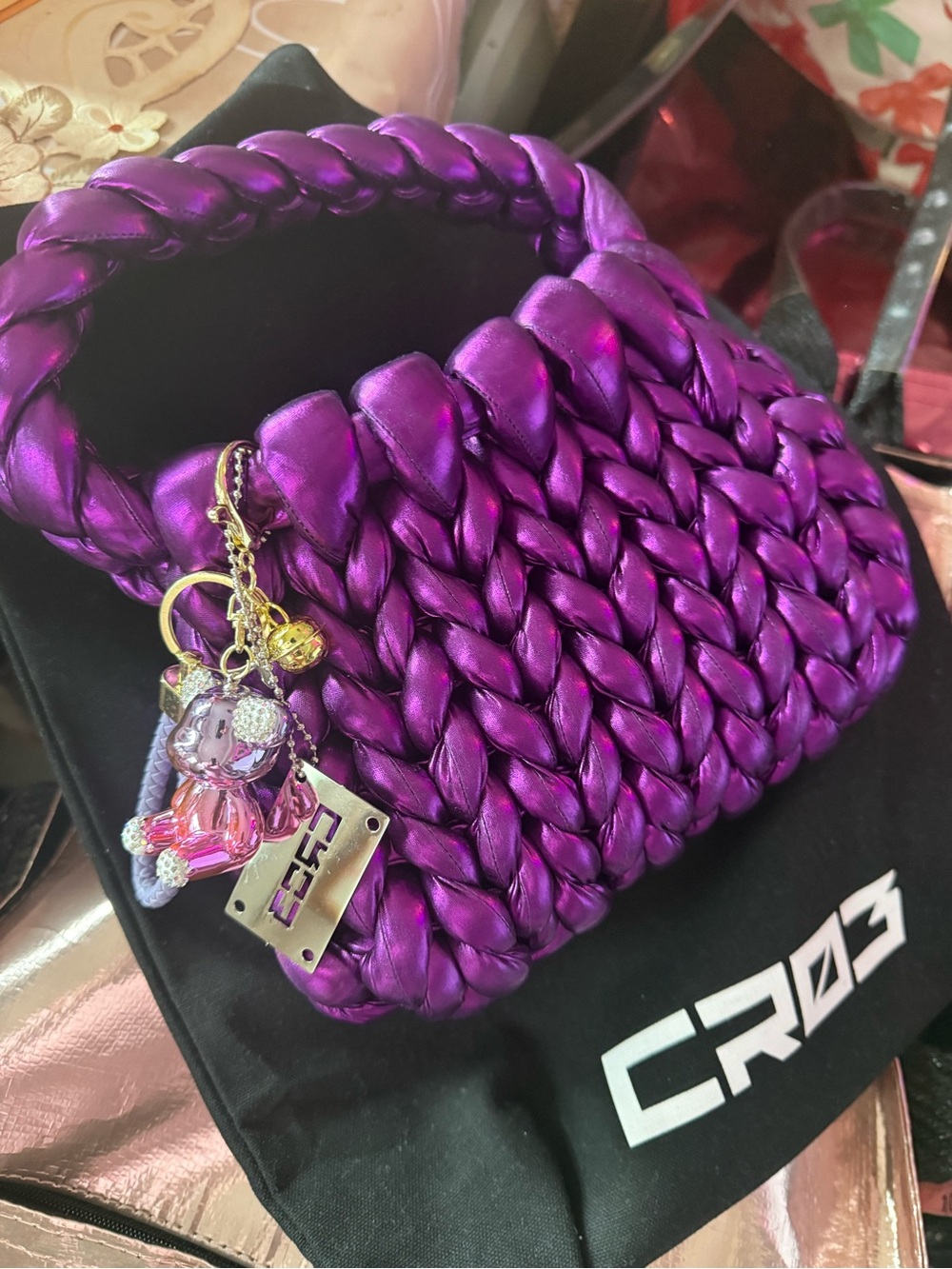 Metallic Purple Braided Top-Handle Bag with Charm Italian Cro3